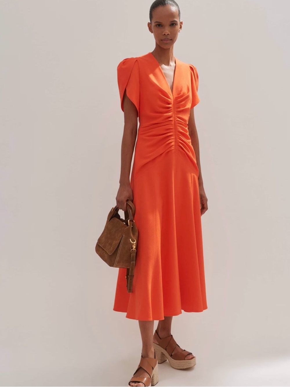 ME+EM Bright Orange Ruched V‑Neck Midi Dress